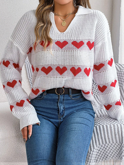 Heart Johnny Collar Long Sleeve Sweater - Rochelle's House LLC