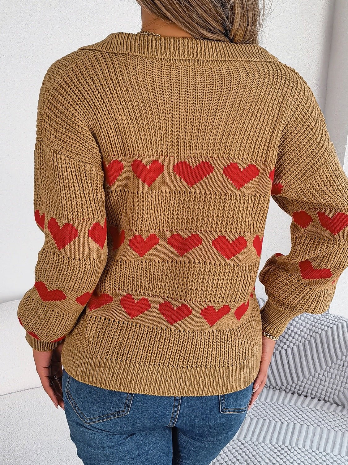 Heart Johnny Collar Long Sleeve Sweater - Rochelle's House LLC