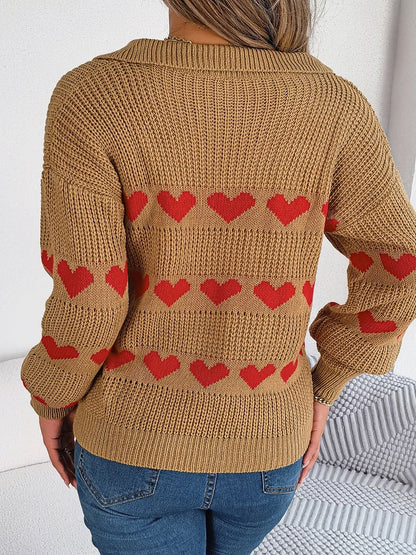 Heart Johnny Collar Long Sleeve Sweater - Rochelle's House LLC