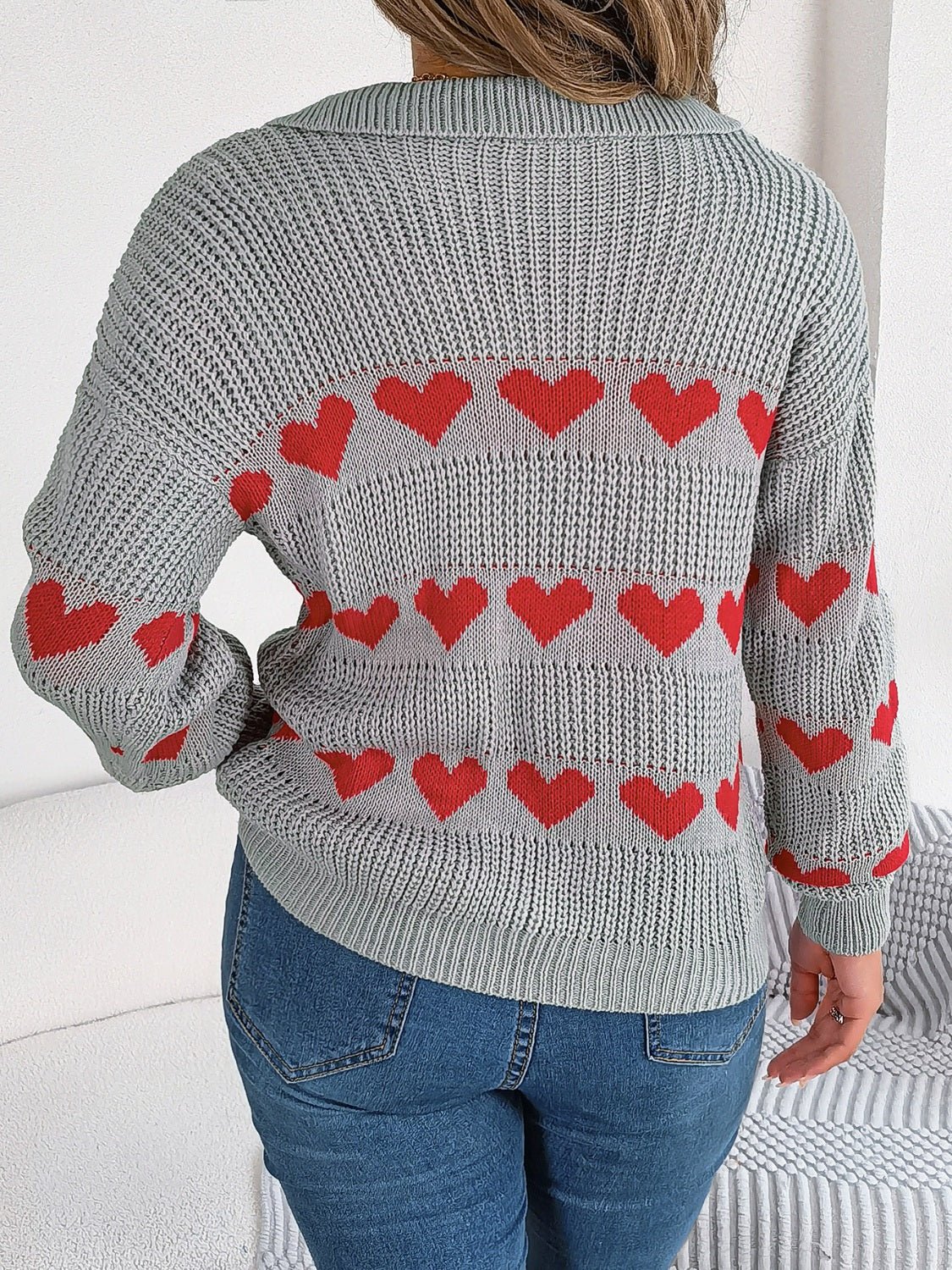 Heart Johnny Collar Long Sleeve Sweater - Rochelle's House LLC