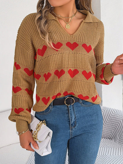 Heart Johnny Collar Long Sleeve Sweater - Rochelle's House LLC