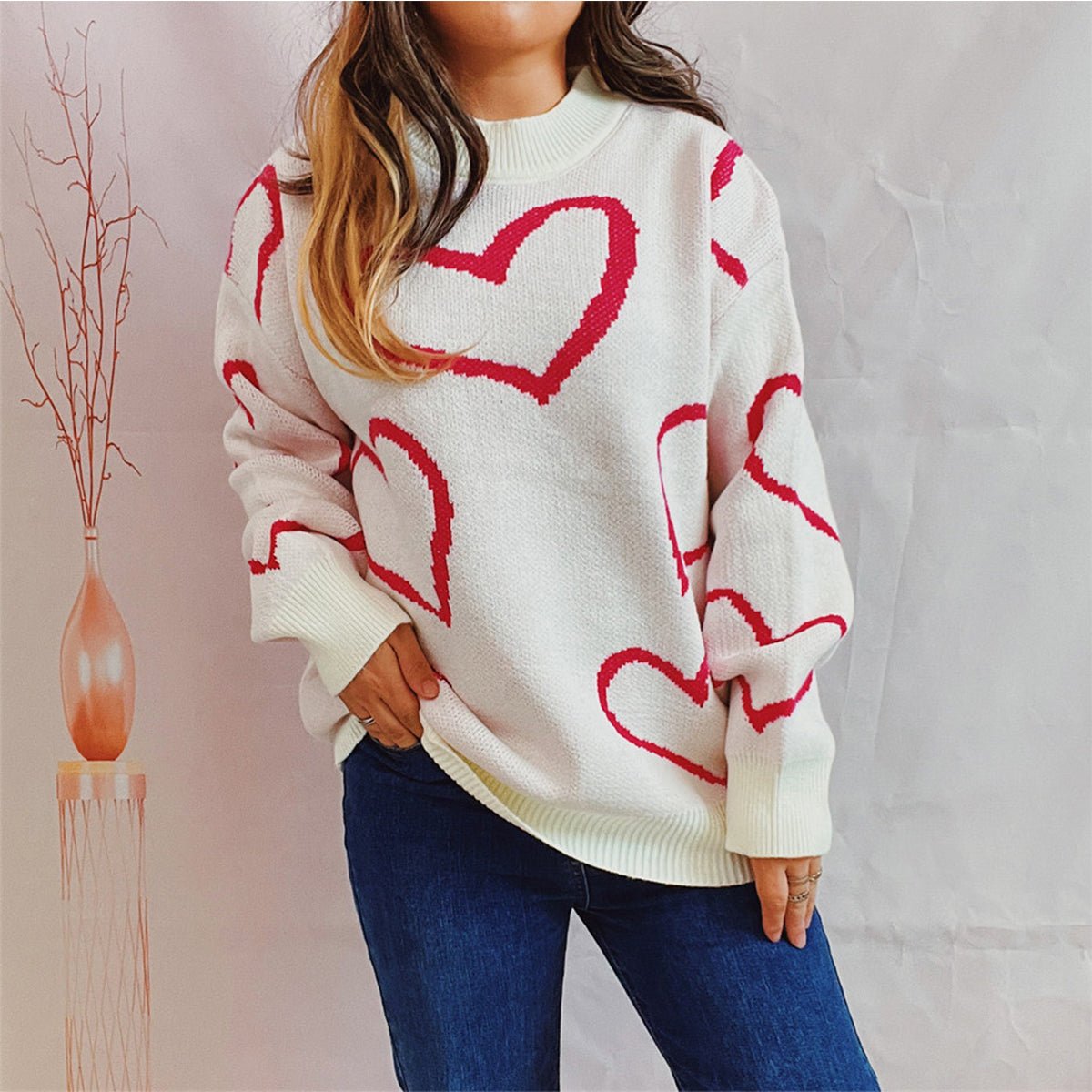 Heart Pattern Long Sleeve Sweater - Rochelle's House LLC