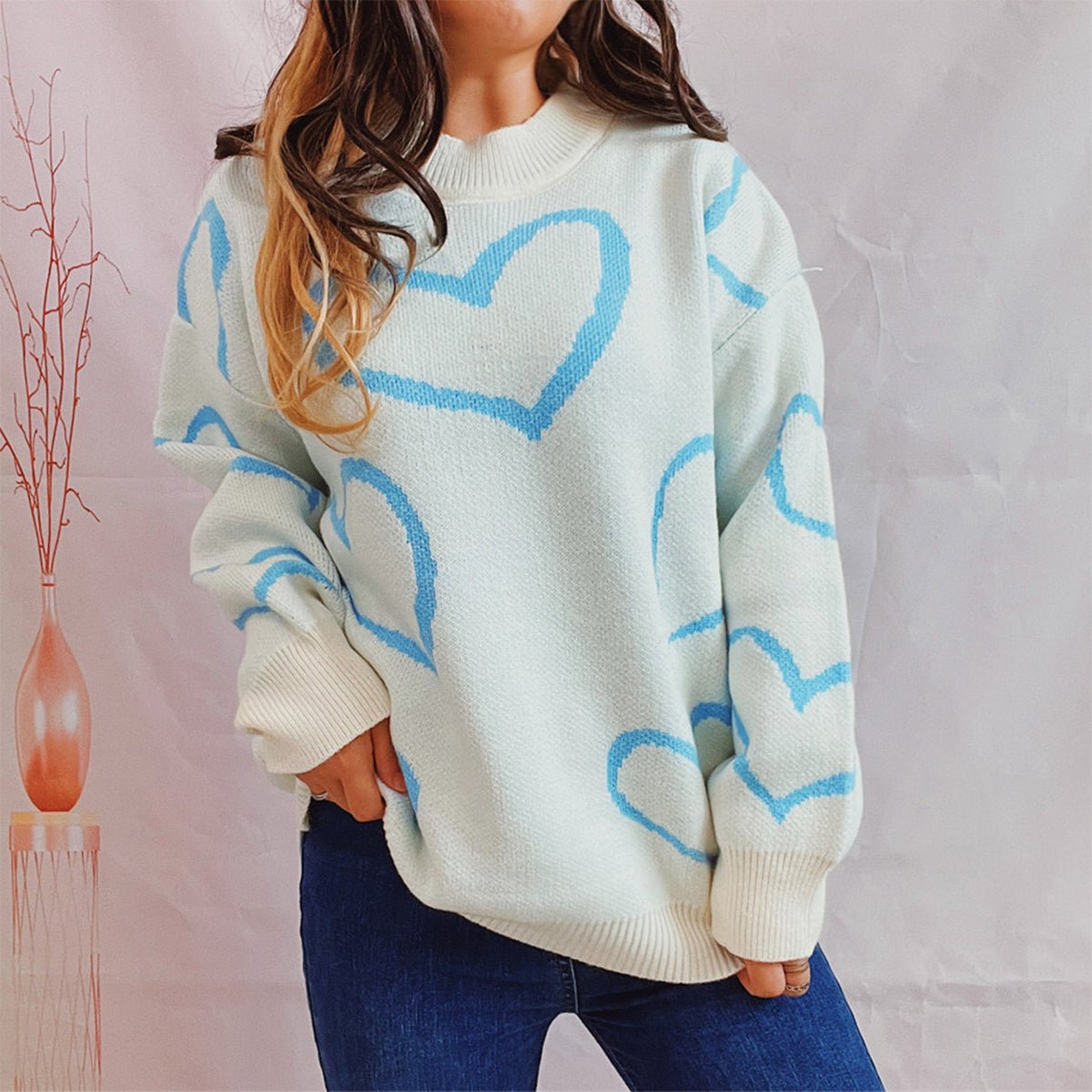 Heart Pattern Long Sleeve Sweater - Rochelle's House LLC