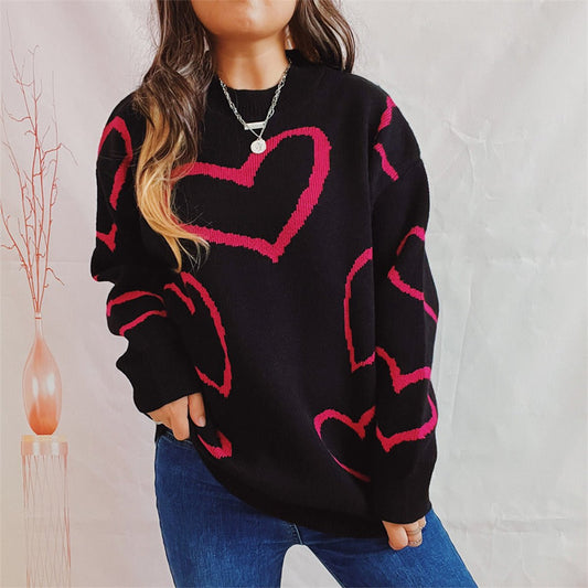 Heart Pattern Long Sleeve Sweater - Rochelle's House LLC