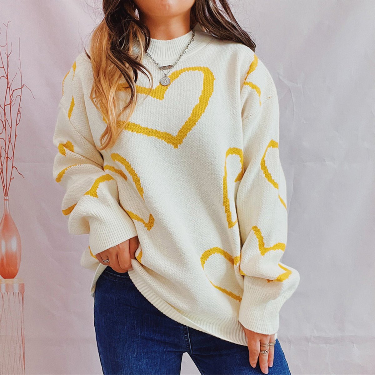 Heart Pattern Long Sleeve Sweater - Rochelle's House LLC