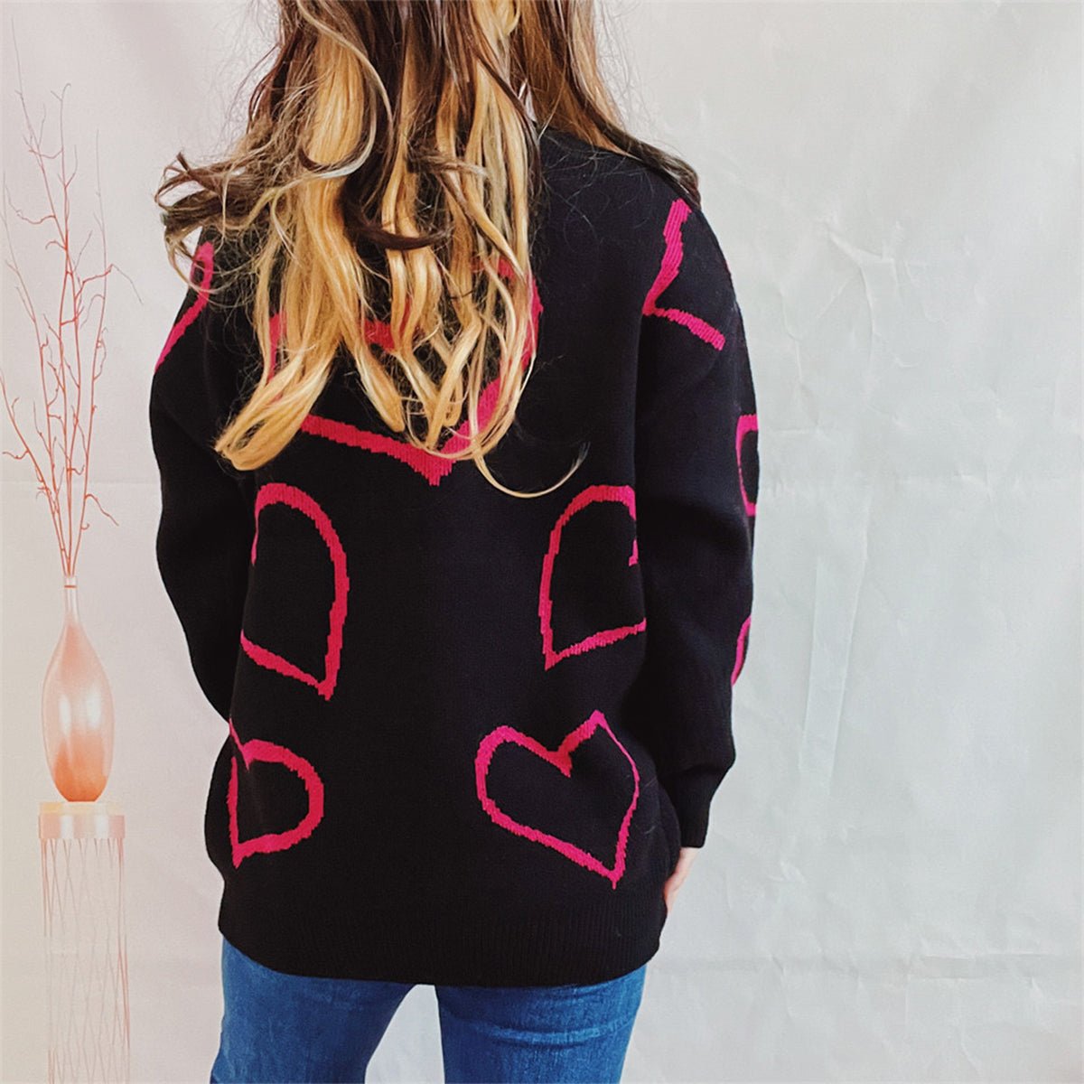 Heart Pattern Long Sleeve Sweater - Rochelle's House LLC