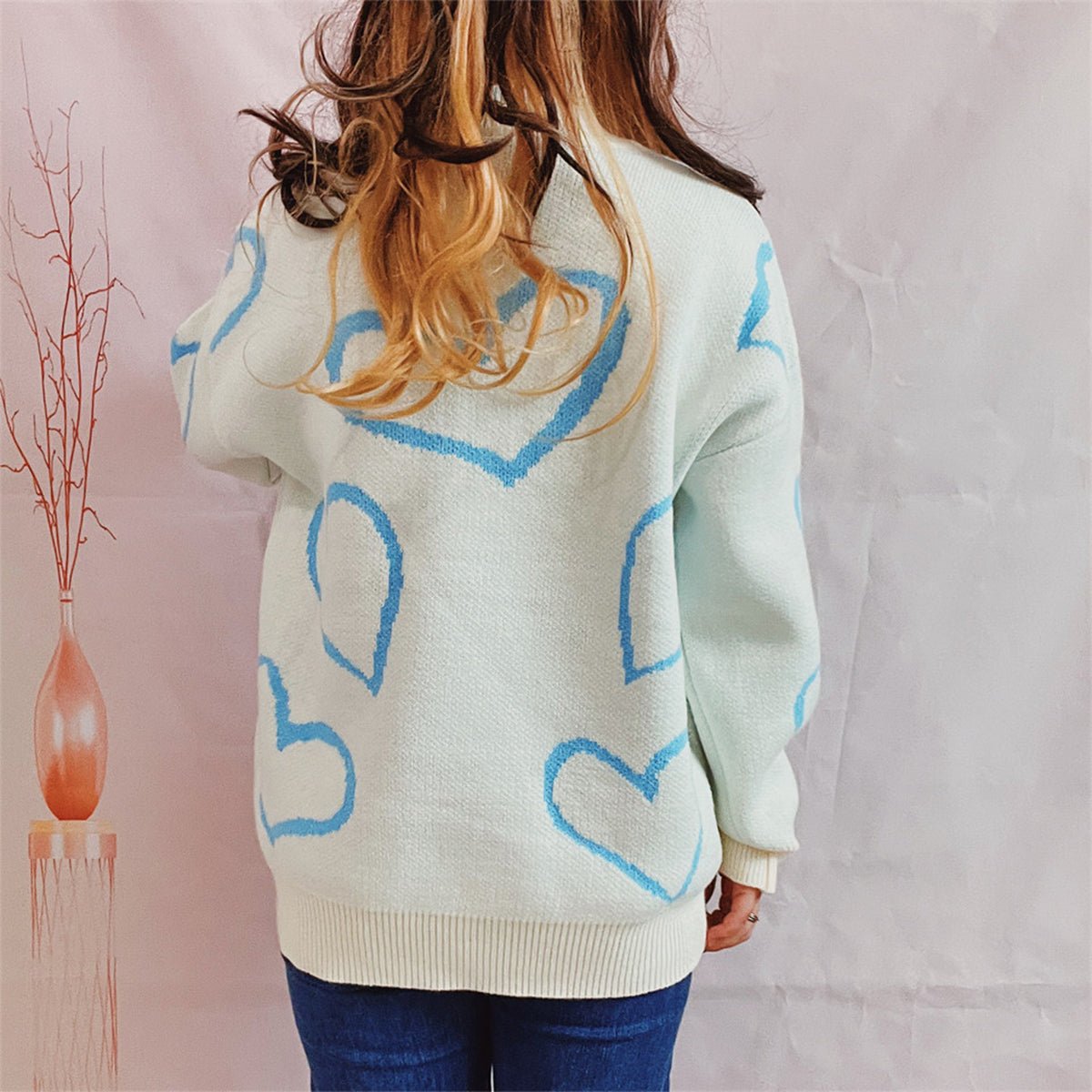 Heart Pattern Long Sleeve Sweater - Rochelle's House LLC