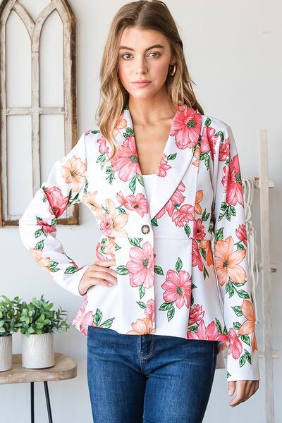Front view of Heimish Full Size Multi Color Floral Blazers with Tunic Plus Size in Offwhite Multi showing neckline and sleeve