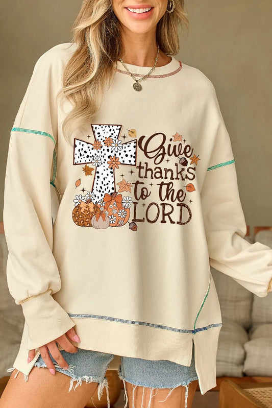 Front view of High-Low Contrast Stitching Round Neck Sweatshirt in Beige showing neckline and sleeve details