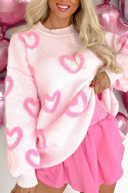 High - Low Heart Round Neck Long Sleeve Sweater - Rochelle's House LLC