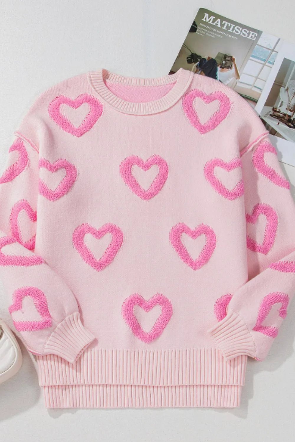 High - Low Heart Round Neck Long Sleeve Sweater - Rochelle's House LLC