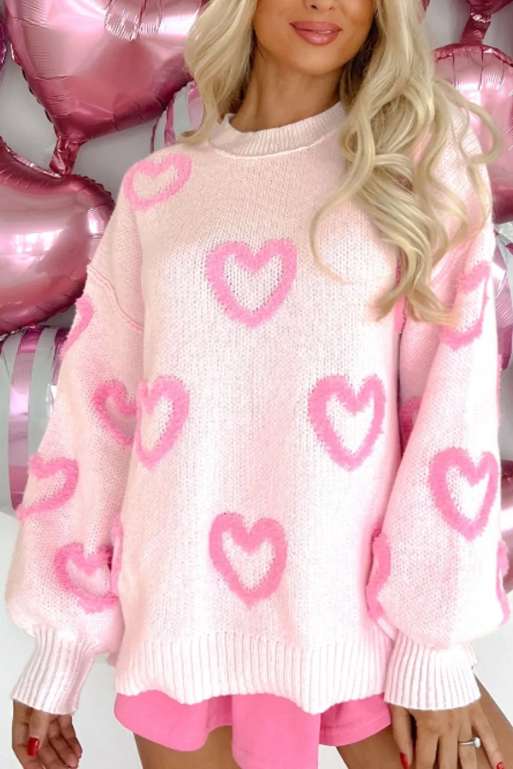 High - Low Heart Round Neck Long Sleeve Sweater - Rochelle's House LLC