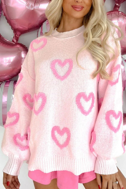 High - Low Heart Round Neck Long Sleeve Sweater - Rochelle's House LLC