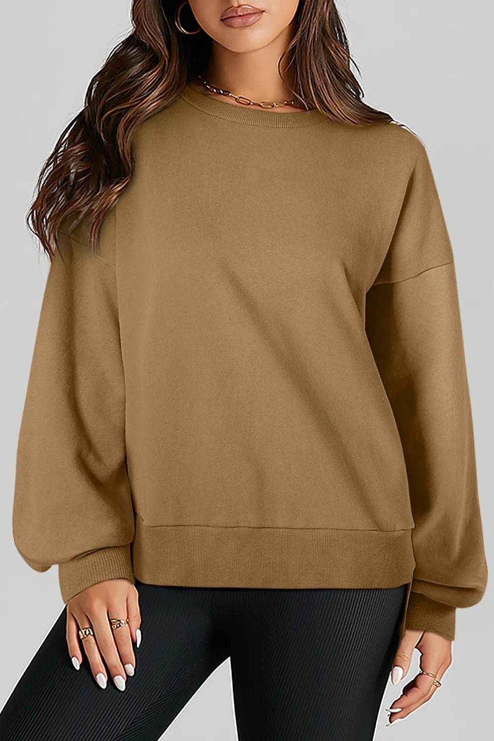 Front view of High-Low Round Neck Long Sleeve Sweatshirt in Camel showing neckline and sleeve details