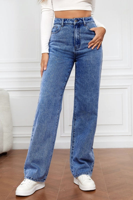 Front view of High Waist Straight Jeans in Dusty Blue showing neckline and sleeve details