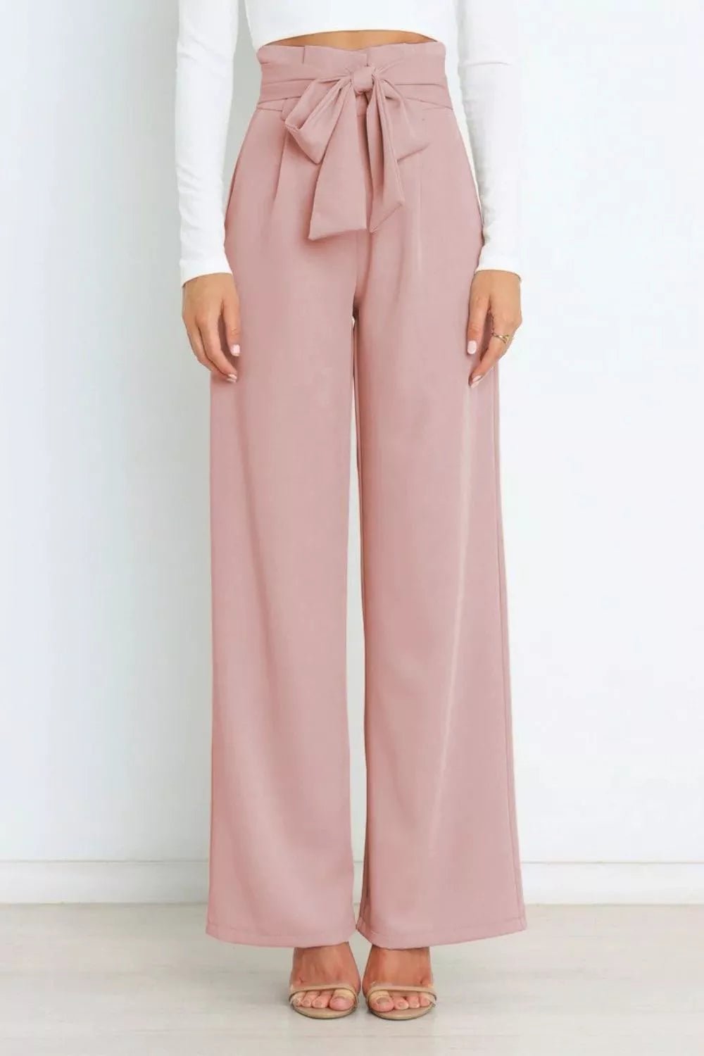 High Waist Tie Front Wide Leg Pants - Rochelle's House LLC