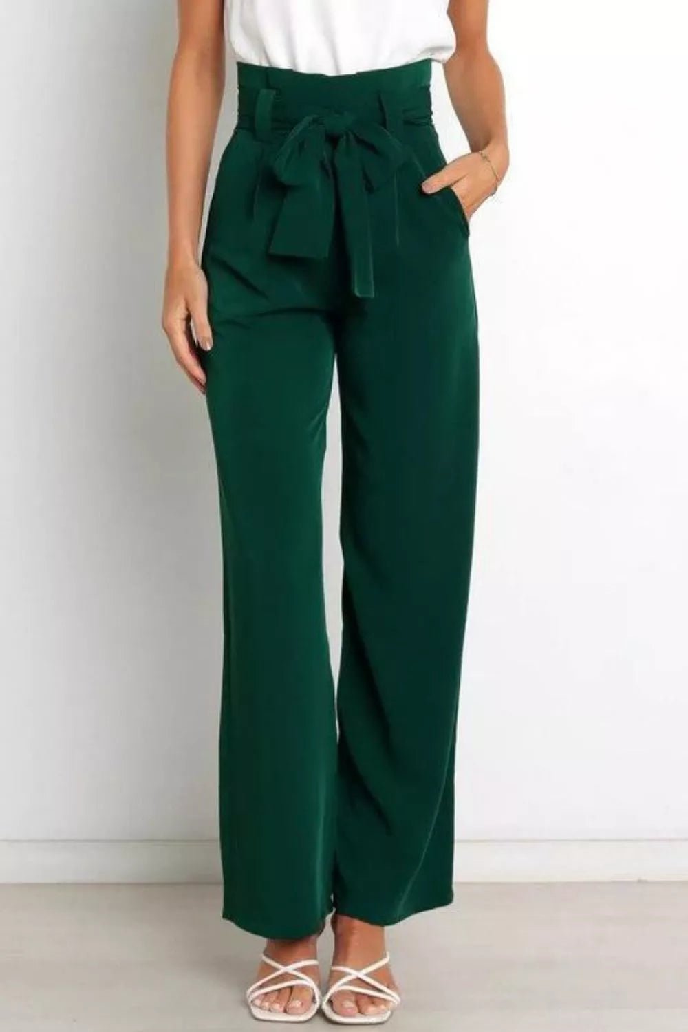 High Waist Tie Front Wide Leg Pants - Rochelle's House LLC