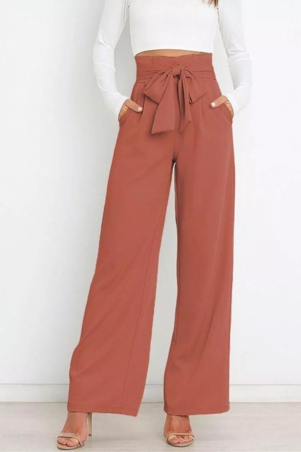 High Waist Tie Front Wide Leg Pants - Rochelle's House LLC
