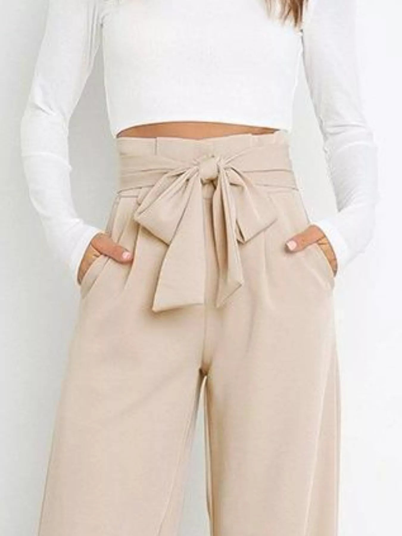 High Waist Tie Front Wide Leg Pants - Rochelle's House LLC
