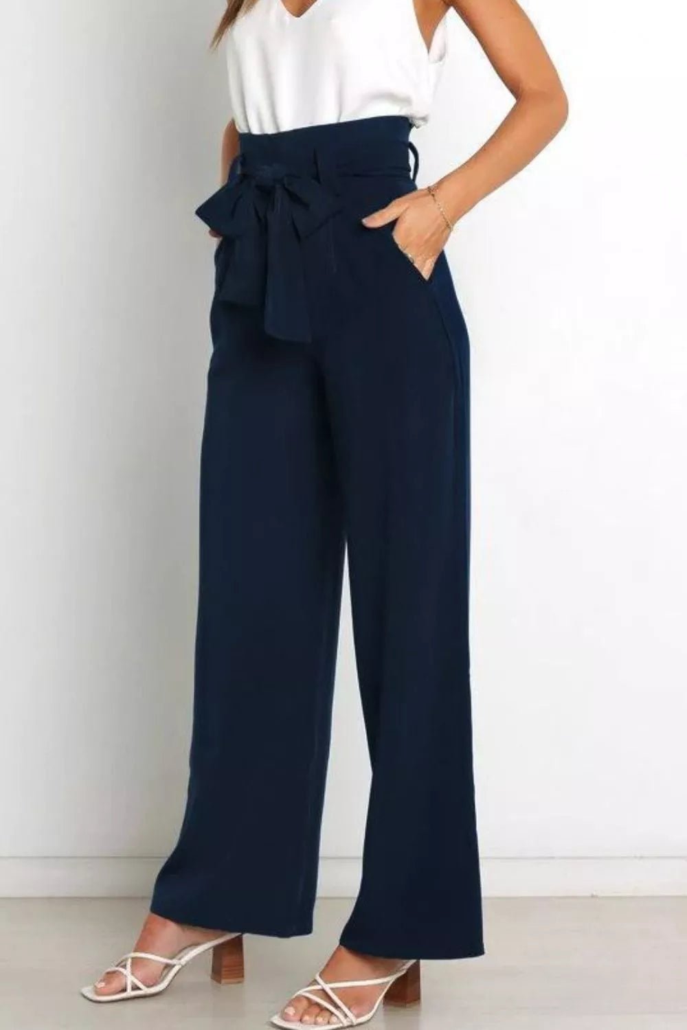 High Waist Tie Front Wide Leg Pants - Rochelle's House LLC