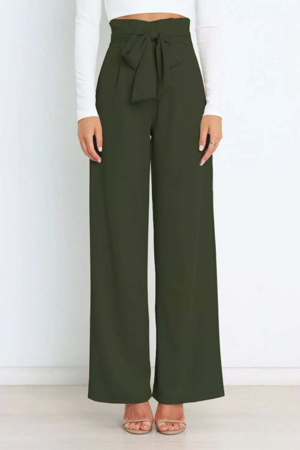 High Waist Tie Front Wide Leg Pants - Rochelle's House LLC