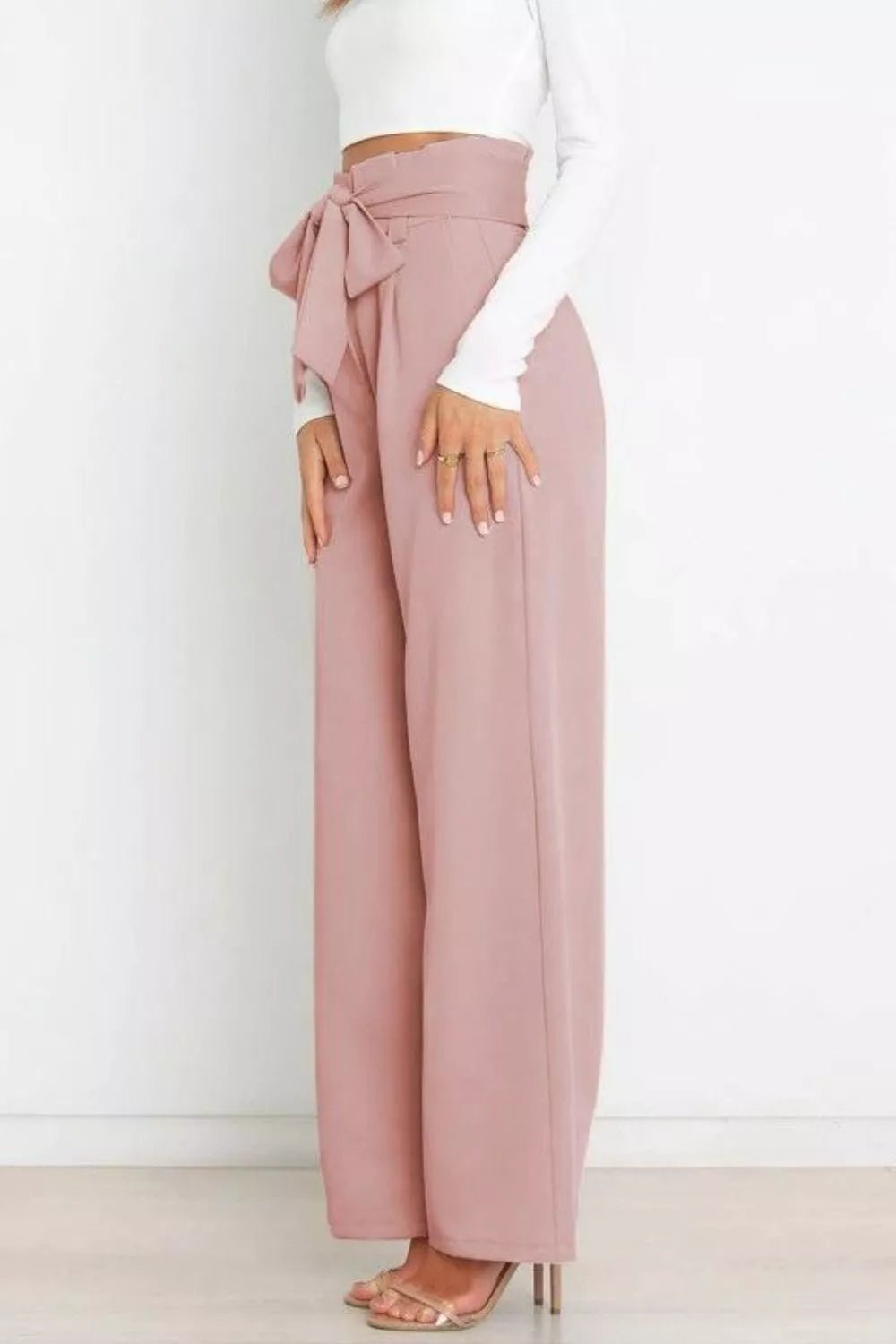 High Waist Tie Front Wide Leg Pants - Rochelle's House LLC