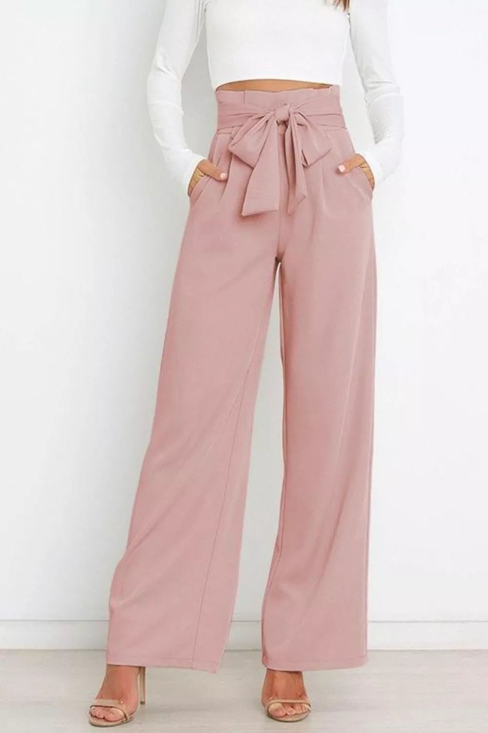 High Waist Tie Front Wide Leg Pants - Rochelle's House LLC