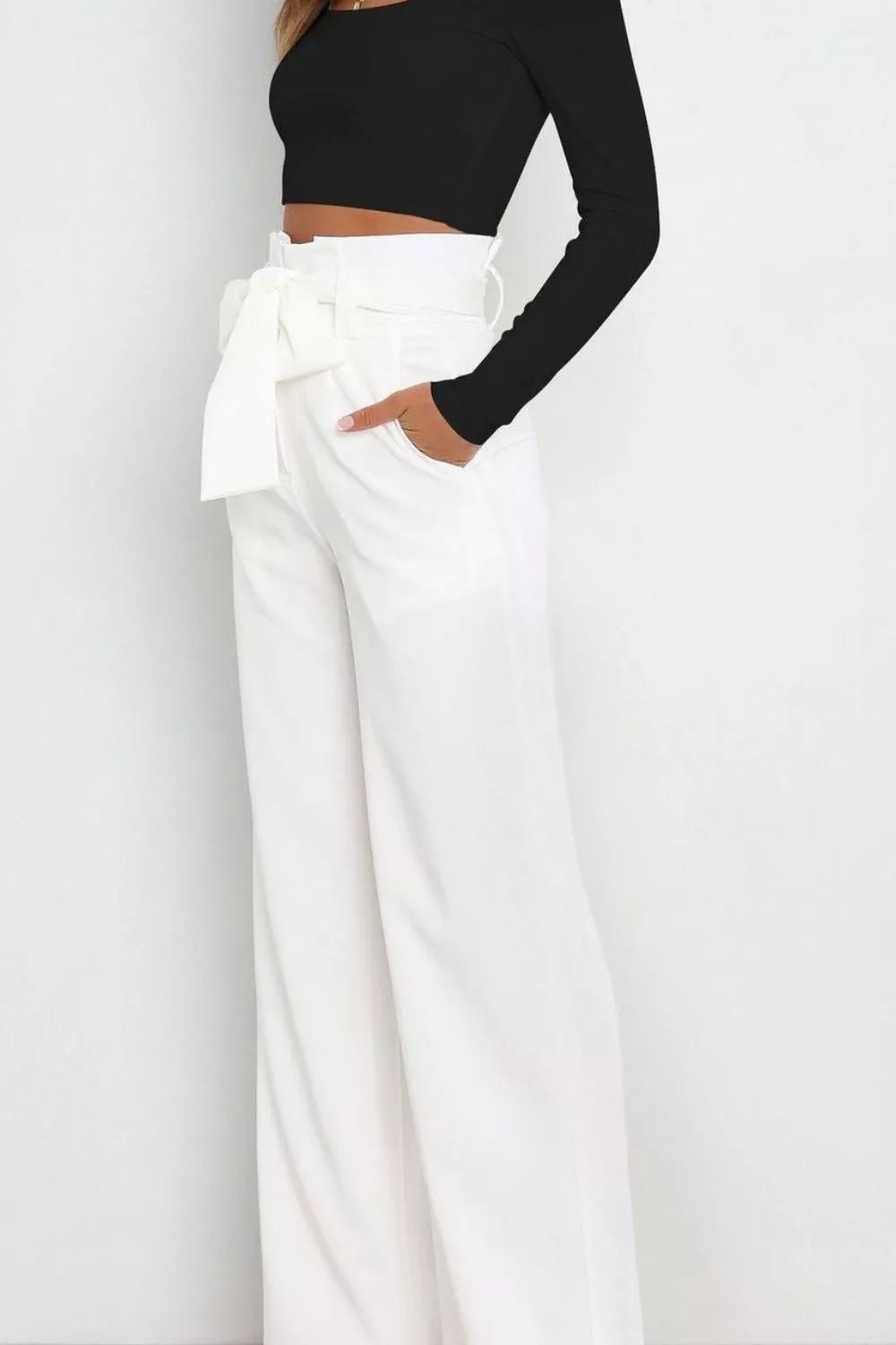 High Waist Tie Front Wide Leg Pants - Rochelle's House LLC