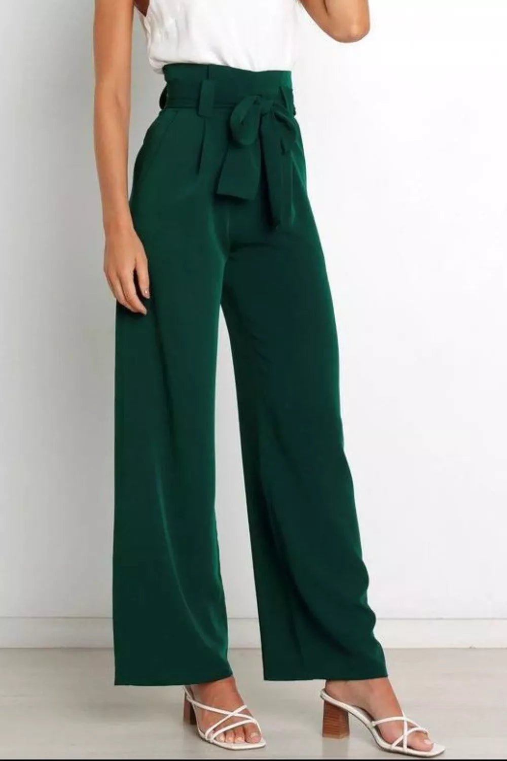 High Waist Tie Front Wide Leg Pants - Rochelle's House LLC