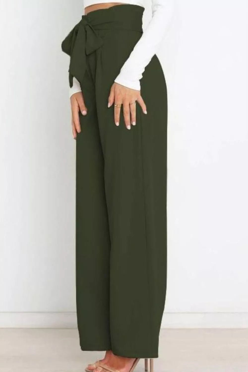 High Waist Tie Front Wide Leg Pants - Rochelle's House LLC