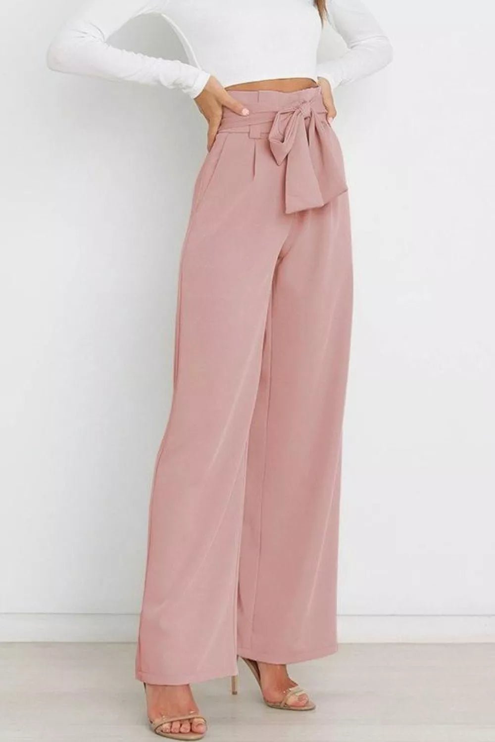 High Waist Tie Front Wide Leg Pants - Rochelle's House LLC