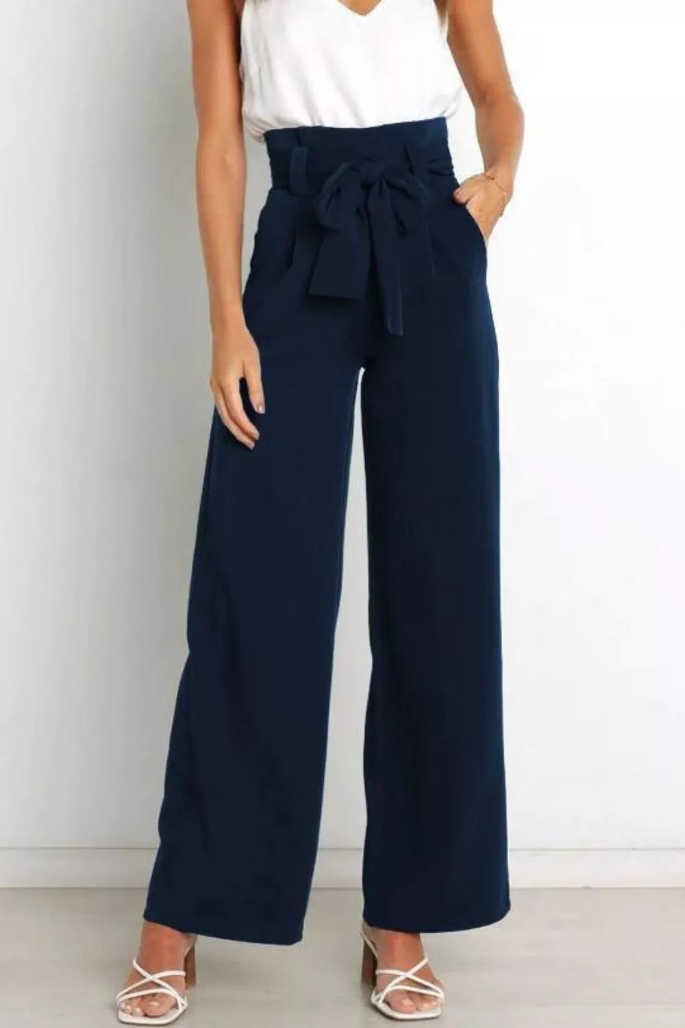 High Waist Tie Front Wide Leg Pants - Rochelle's House LLC