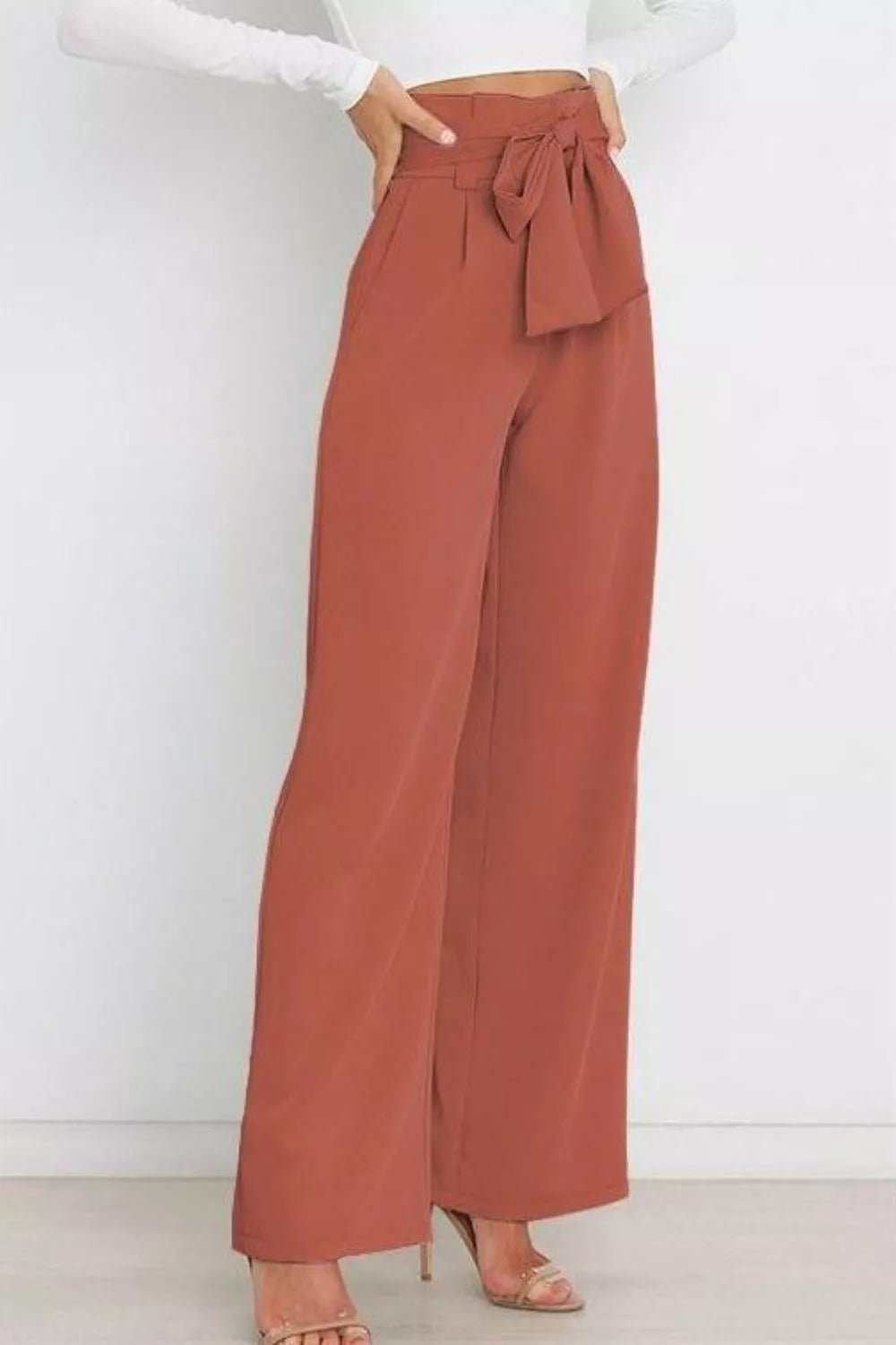 High Waist Tie Front Wide Leg Pants - Rochelle's House LLC