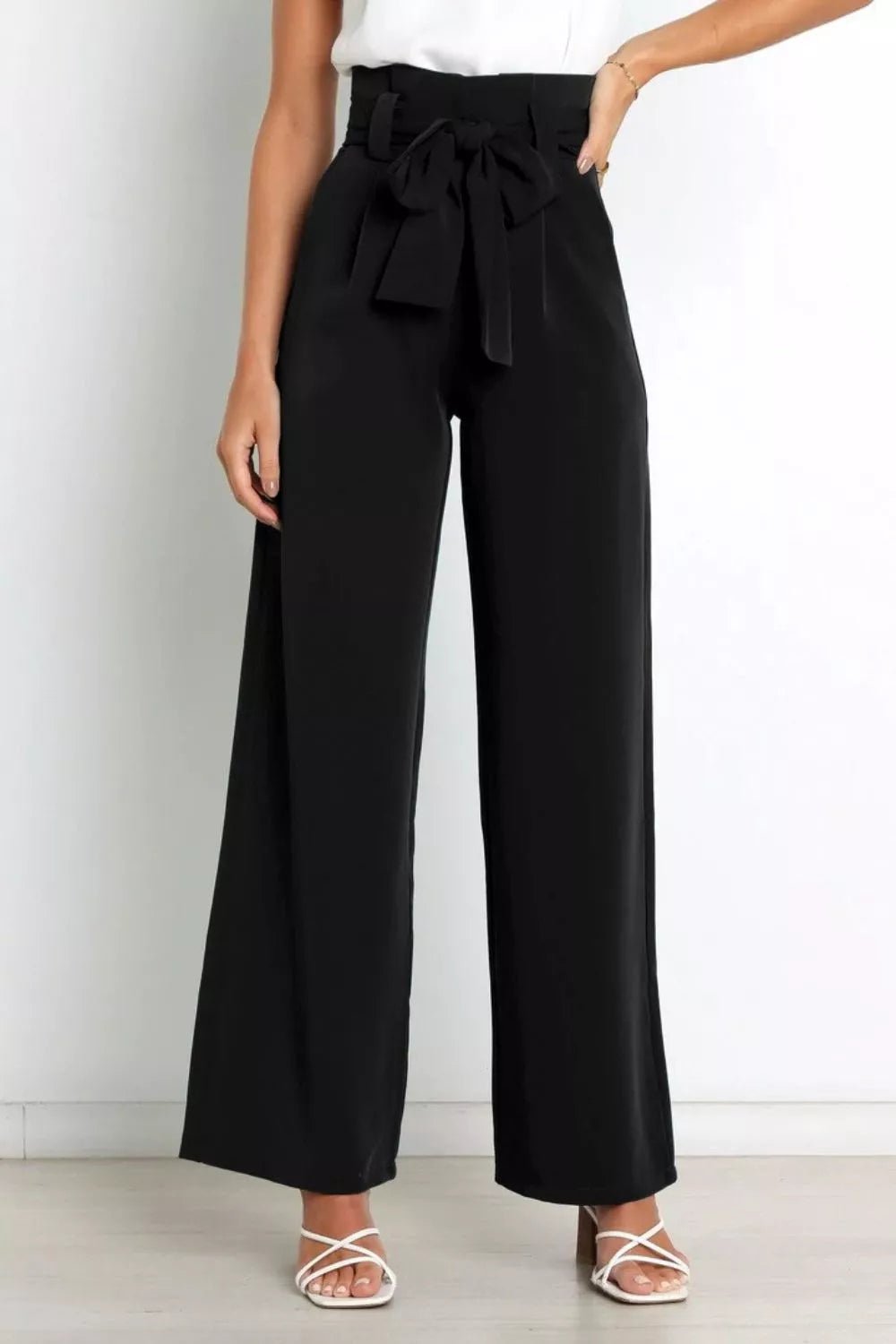 High Waist Tie Front Wide Leg Pants - Rochelle's House LLC