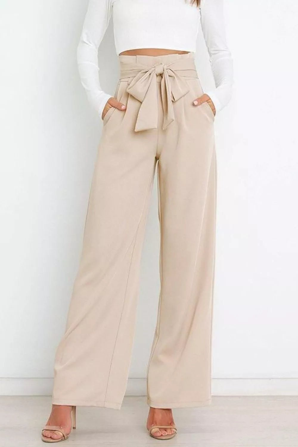 High Waist Tie Front Wide Leg Pants - Rochelle's House LLC