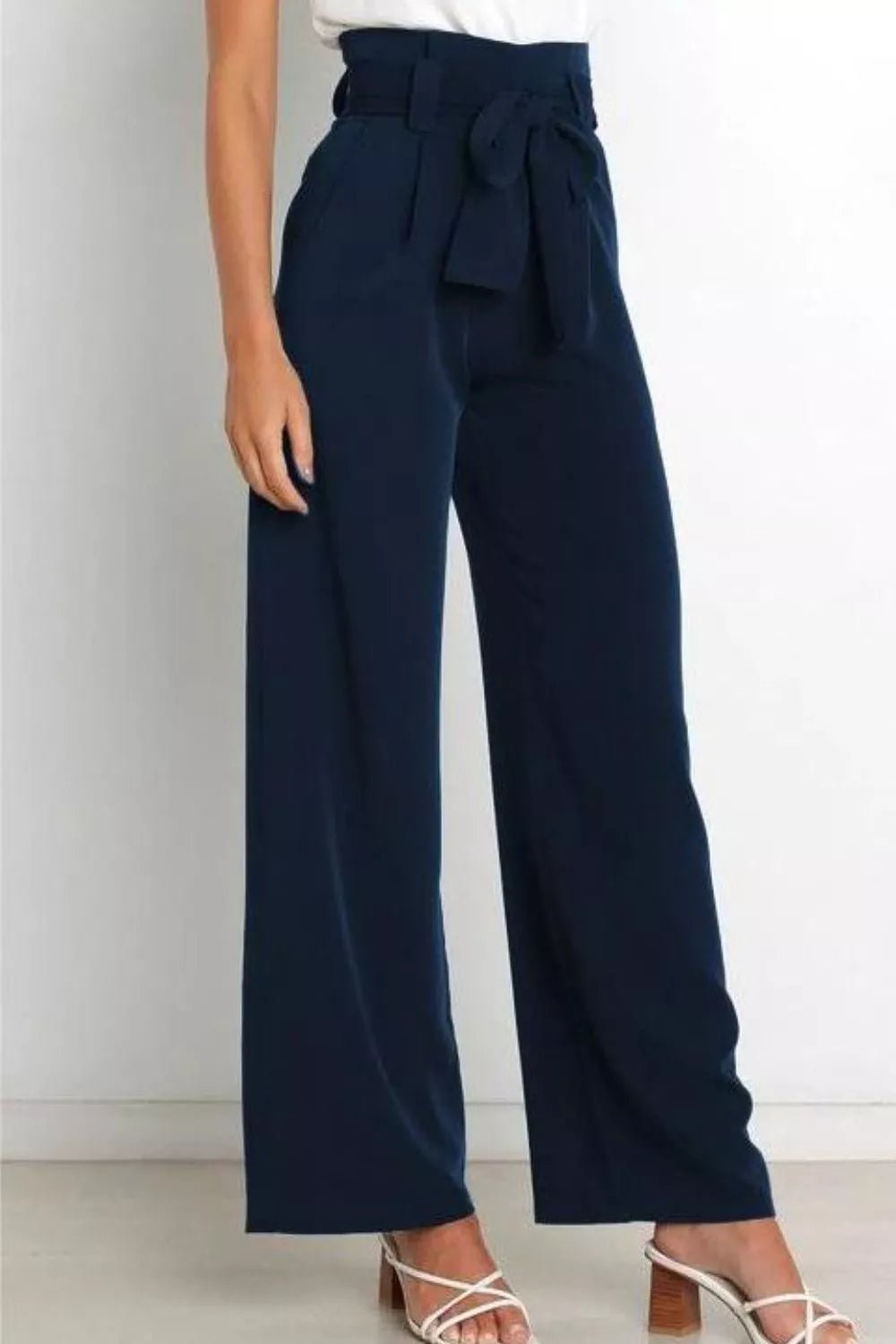 High Waist Tie Front Wide Leg Pants - Rochelle's House LLC