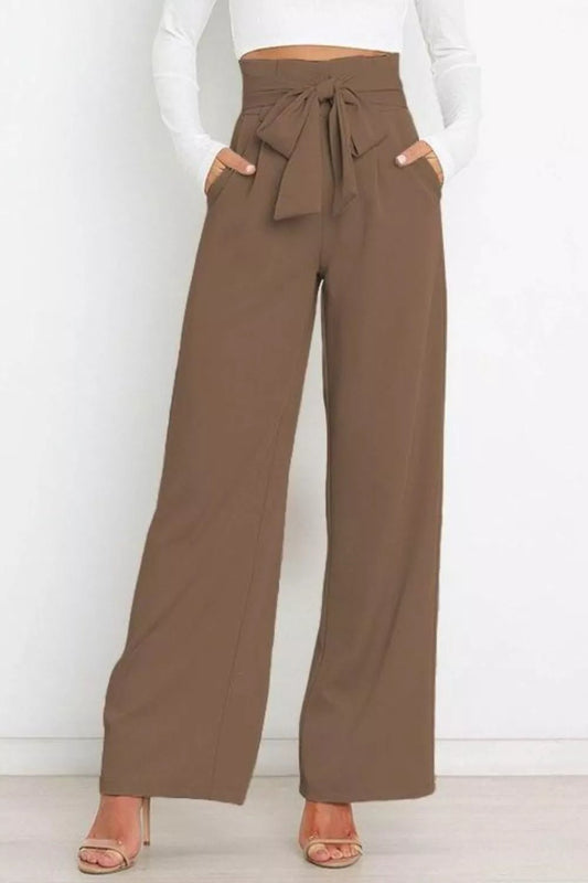 High Waist Tie Front Wide Leg Pants - Rochelle's House LLC