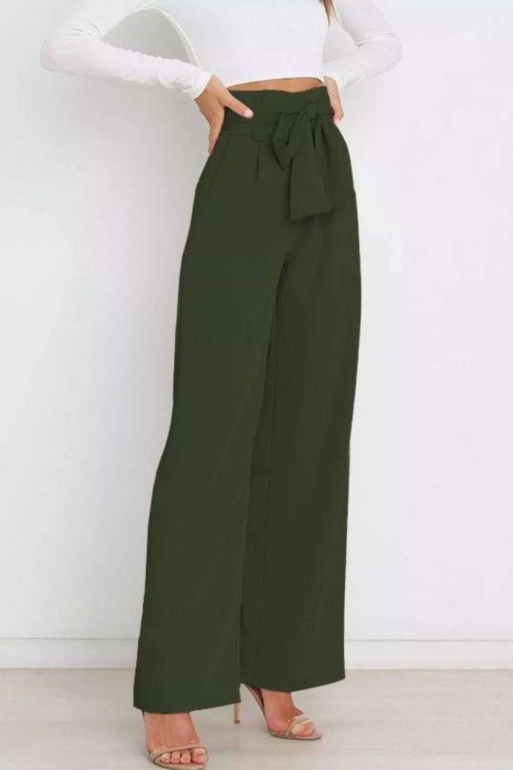 High Waist Tie Front Wide Leg Pants - Rochelle's House LLC