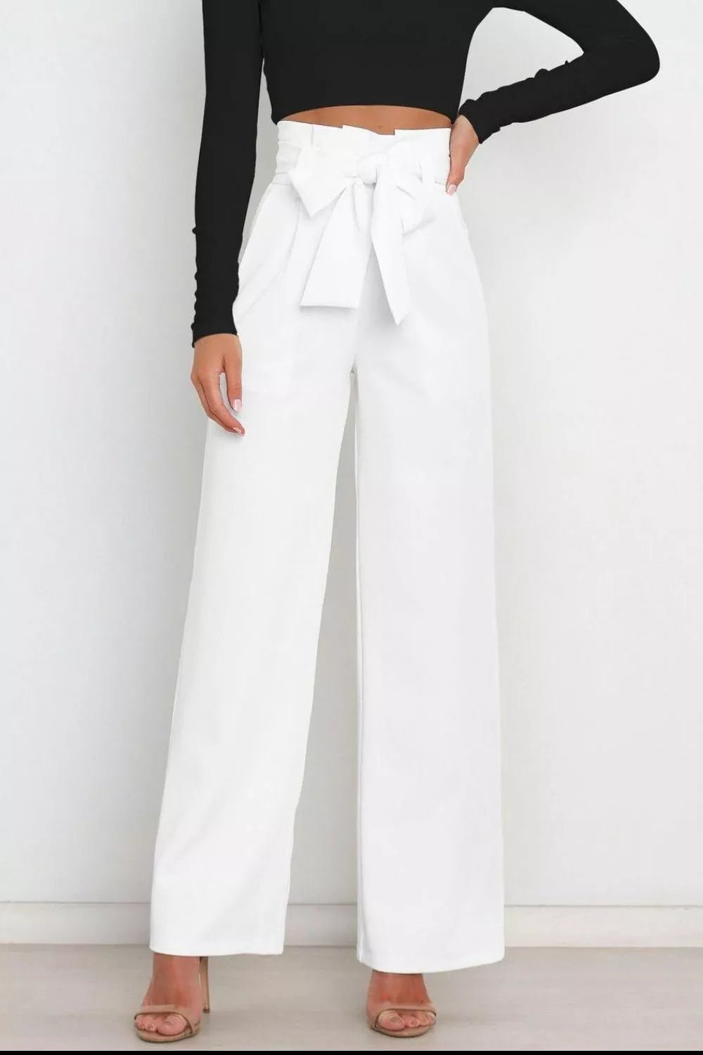 High Waist Tie Front Wide Leg Pants - Rochelle's House LLC