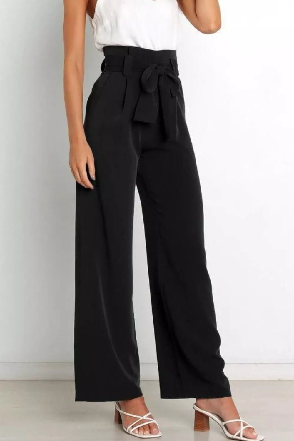 High Waist Tie Front Wide Leg Pants - Rochelle's House LLC
