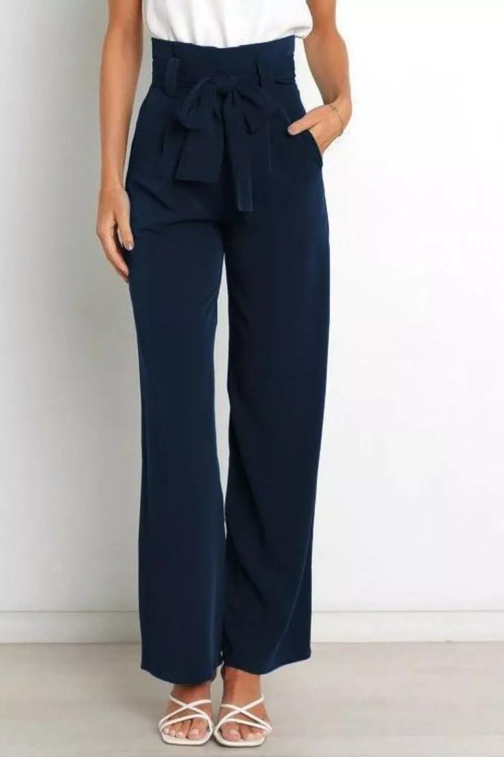 High Waist Tie Front Wide Leg Pants - Rochelle's House LLC