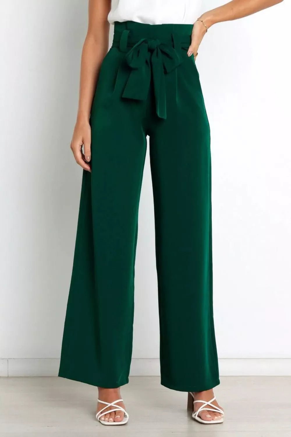 High Waist Tie Front Wide Leg Pants - Rochelle's House LLC