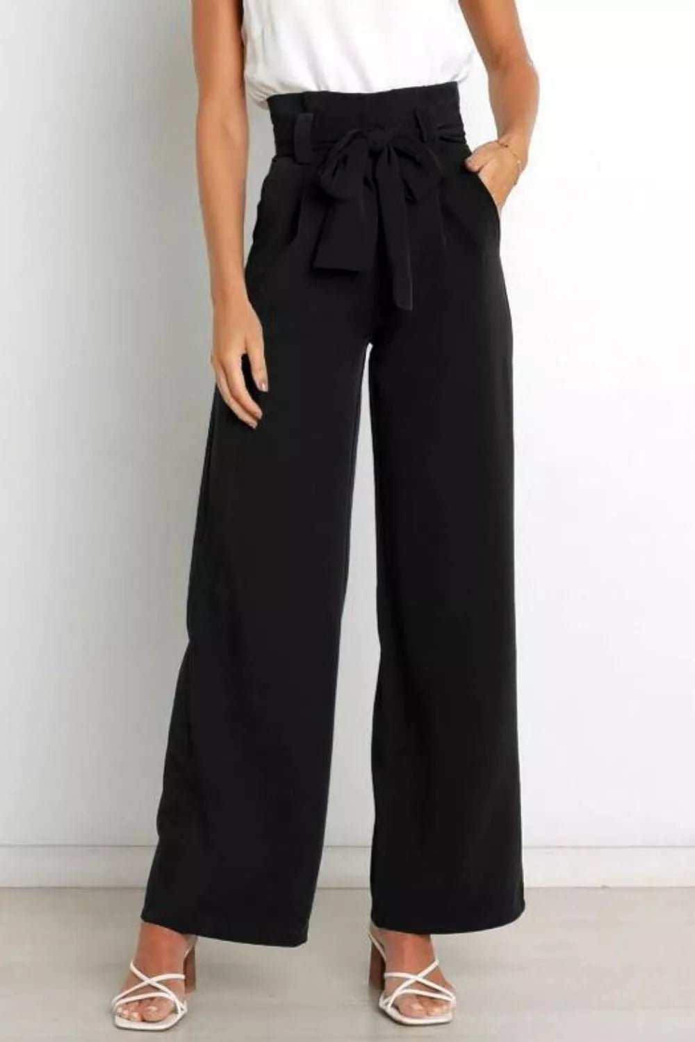High Waist Tie Front Wide Leg Pants - Rochelle's House LLC