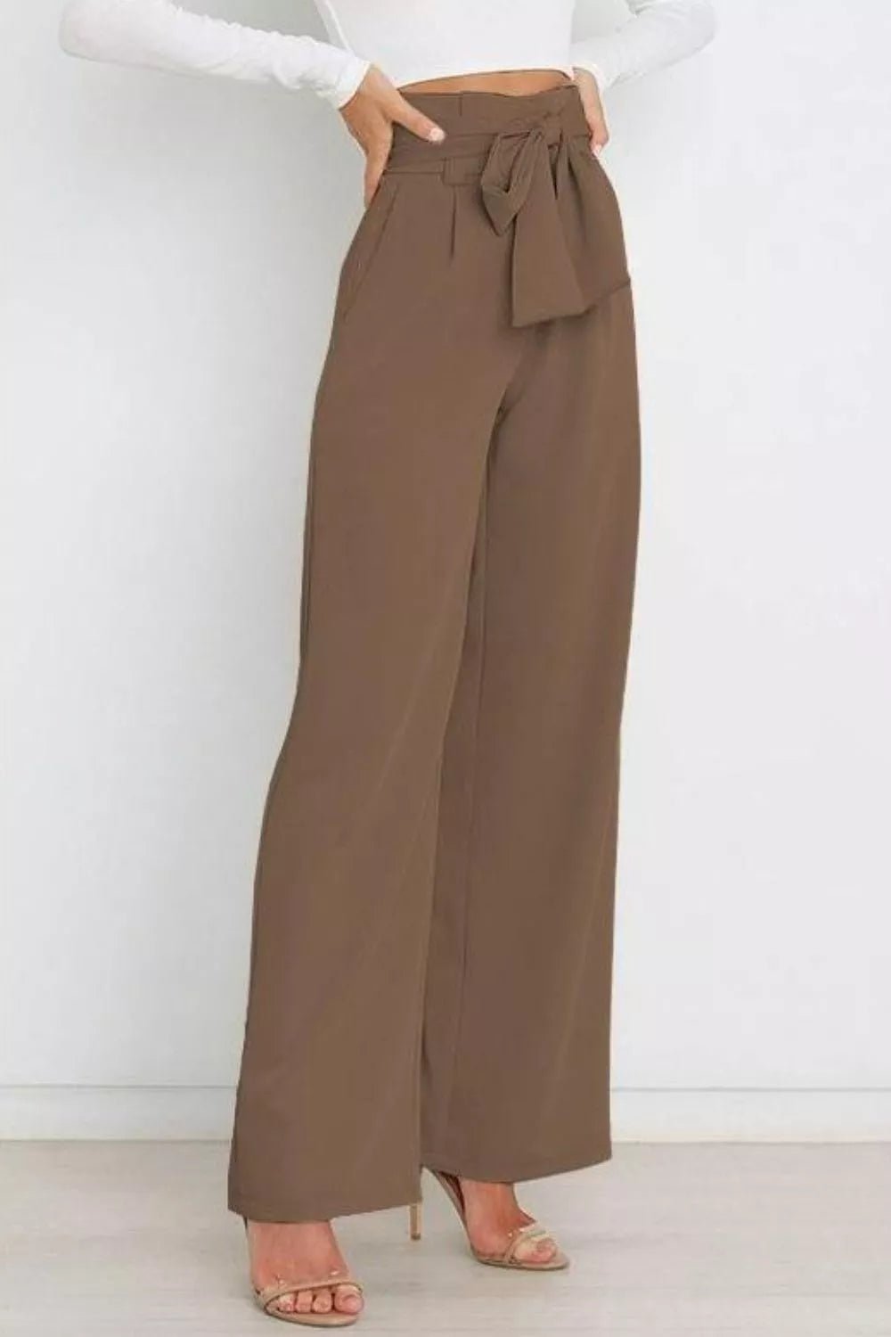 High Waist Tie Front Wide Leg Pants - Rochelle's House LLC