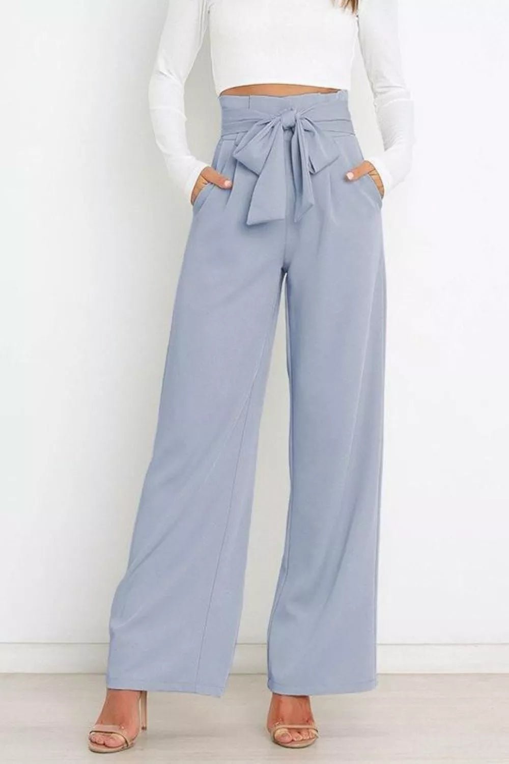 High Waist Tie Front Wide Leg Pants - Rochelle's House LLC