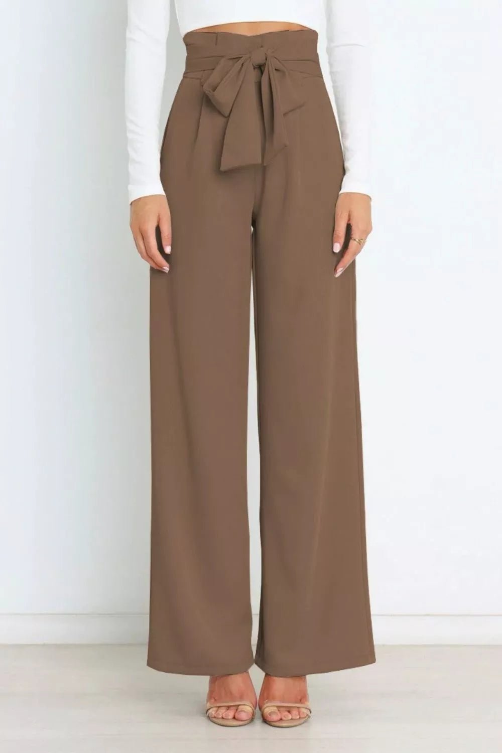 High Waist Tie Front Wide Leg Pants - Rochelle's House LLC