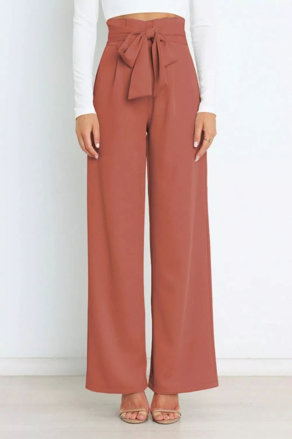 High Waist Tie Front Wide Leg Pants - Rochelle's House LLC