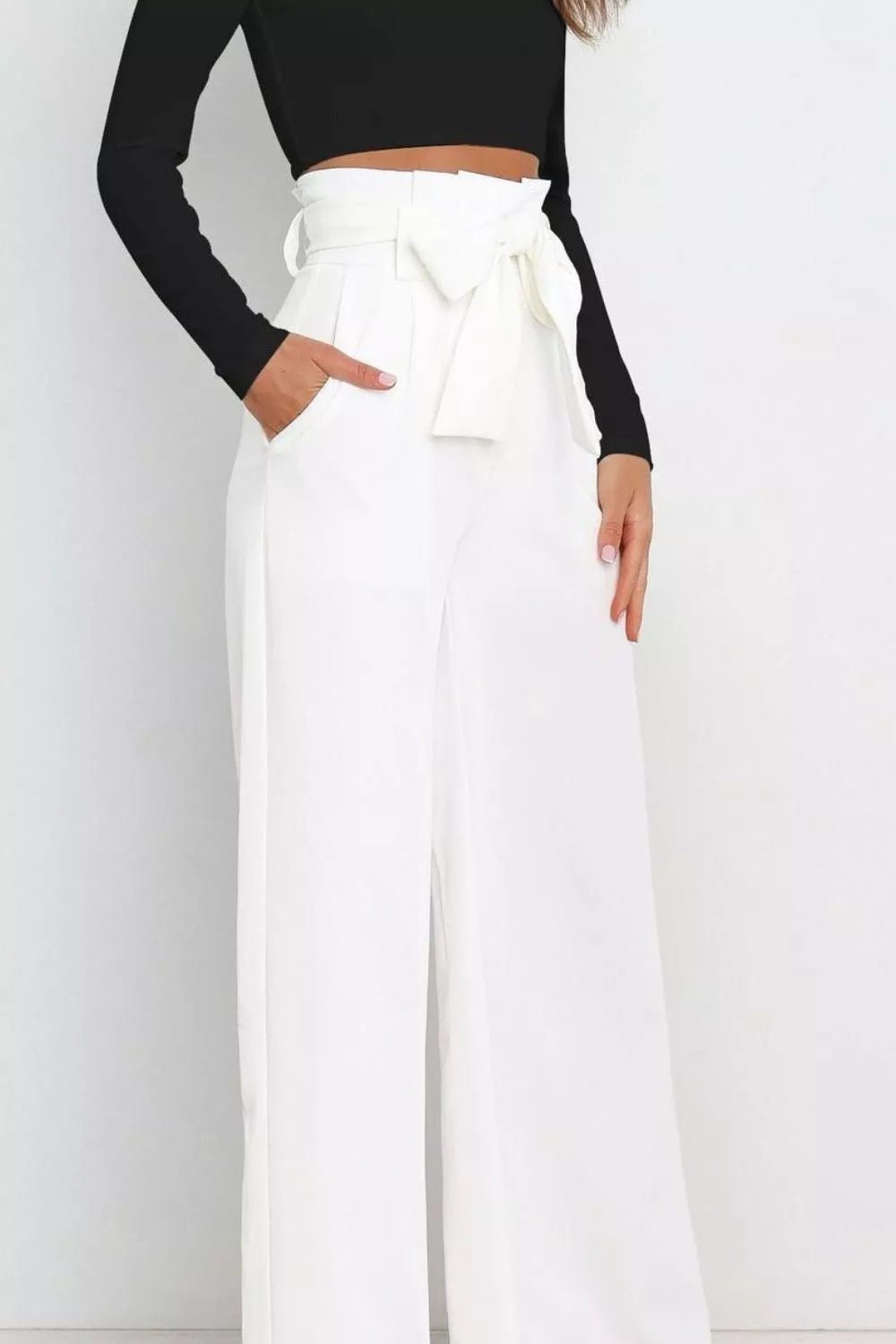 High Waist Tie Front Wide Leg Pants - Rochelle's House LLC