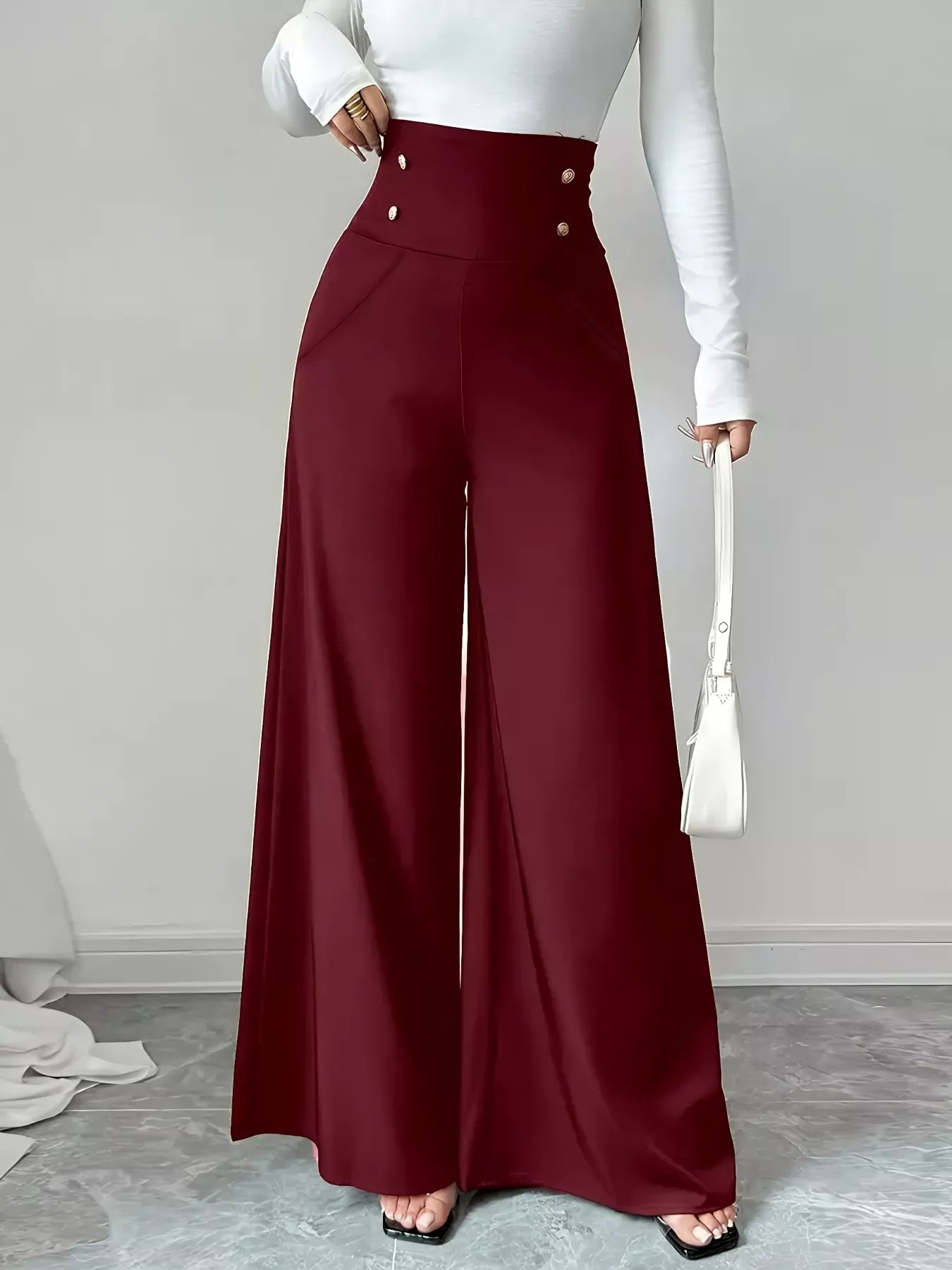 High Waist Wide Leg Button Decor Pants - Rochelle's House LLC