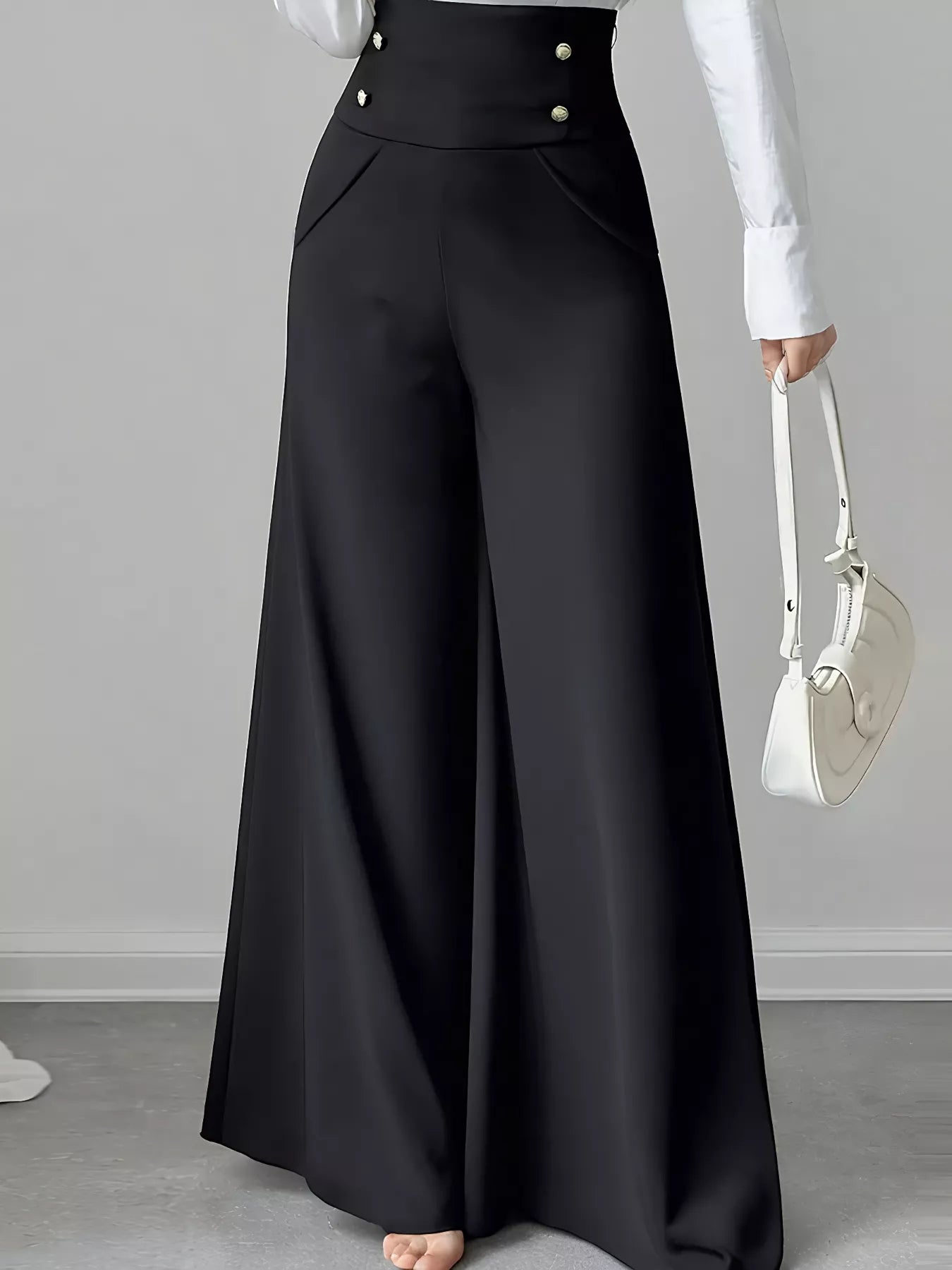 High Waist Wide Leg Button Decor Pants - Rochelle's House LLC